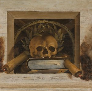 Bodegón Vanitas con Scull con corona de laurel, libro y dos velas encendidas de Jacob van Campen
