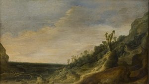 Paisaje montañoso con vista de un río y el mar de Jacob van Geel