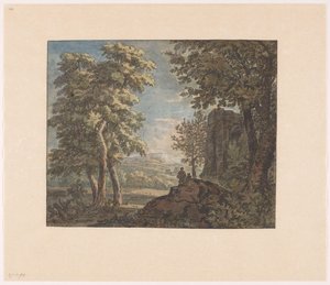 Paisaje arcádico con un edificio antiguo y dos hombres de Jacob van Liender