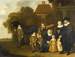 Retrato de grupo de la familia Meebeeck Cruywagen en la puerta de su casa de campo en Uitweg, cerca de Ámsterdam de Jacob van Loo (attributed to)