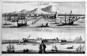 Vistas de la ciudad, puerto y castillo de Batavia - en "Embajada de la Compañía Oriental de las Provincias Unidas hacia el Emperador de China o Gran Cam de Tartaria" por Pierre de Goyer y Jacob de Keyser, Leiden
