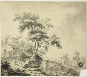 Paisaje con Árbol en el Camino a Edificios de Jacob van Ruisdael
