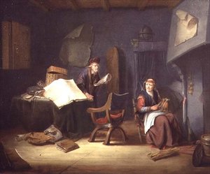 Interior con un erudito y una anciana hilando de Jacob van Spreeuwen