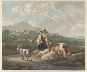 Una campesina y un muchacho con ovejas y una vaca en un paisaje montañoso de Jacob van Strij