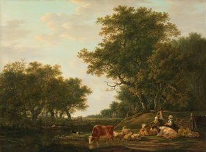 Paisaje con campesinos con su ganado y pescadores en el agua de Jacob van Strij