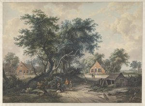 Según Hobbema. Casas de campo junto a árboles altos de Jacob van Strij