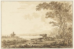 Paisaje fluvial con ganado descansando. de Jacob van Strij