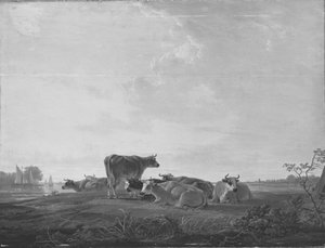 Ganado descansando en la orilla de Jacob van Strij