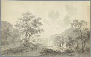 Cascada en un lago en un paisaje de montaña de Jacob van Strij