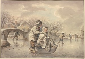 Paisaje invernal con patinadores sobre hielo