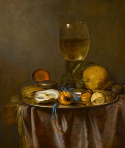 Bodegón con romero, reloj, ostra y fruta