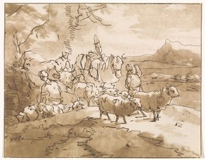 Pastores con ganado en un paisaje de montaña de Jacob van de Velde (graveur)