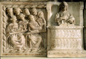 Monumento funerario de Carlo, Roberto y Riccardo da Saliceto: estudiantes asistiendo a un curso de Jacobello and Pier Paolo dalle Masegne