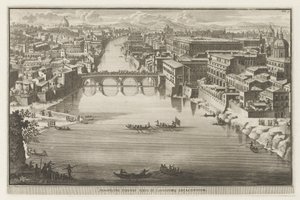 Vista de Roma con el Ponte Sisto sobre el río Tíber Prospectus Pontis Sixti IV locorumq adjadentium (título sobre el objeto) Vistas de Roma (título de la serie) La Galerie agreable du mond (...) dividida en LXVI tomes...Cette partie comprend le Rome modern