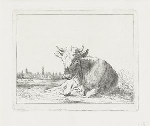 Vaca reclinada, al fondo una ciudad de Jacobus Cornelis Gaal