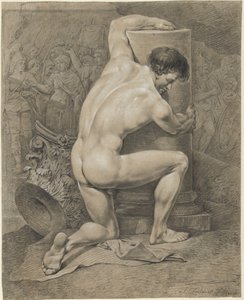Desnudo masculino arrodillado, brazos alrededor de una columna a la derecha