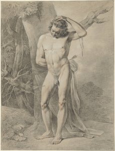 Hombre desnudo de pie, delante de un árbol