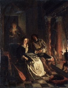 ""Le Rendez vous"" (Rendezvous) Escena de seducción, una joven cortejada por un caballero que le declara su amor junto a la chimenea. Pintura de Jacob Joseph Eckhout (1793-1861) 1852 Museo Estatal de Arte de la República Bielorrusa, Minsk, Bielorrusia