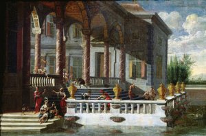 Palacio italiano con galería y terraza (pintura) de Jacobus Saeys