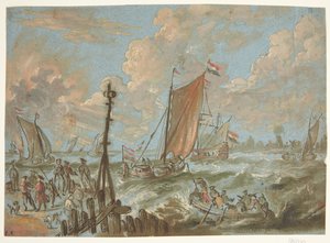 Puerto con barcos a vela de Jacobus Storck