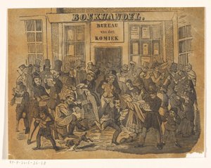 Multitud frente a una librería para conseguir El Comediante de Jacobus Wilhelmus Adrianus Hilverdink (possibly)