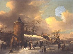 Patinadores en una vía fluvial congelada junto a una torre de Jacobus van der Stok
