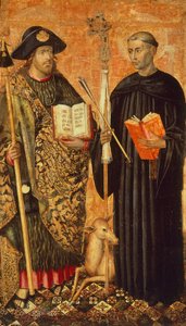 Santiago de Compostela representado como peregrino con el bastón, sombrero y concha, y San Gil el ermitaño, c.1450 de Jacomart (c.1413 61) Baco