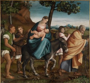 La Huida a Egipto - Pintura de Jacopo Bassano (o da Ponte) Il Vecchio (el Viejo) (1510-1592), óleo sobre madera de Jacopo Bassano
