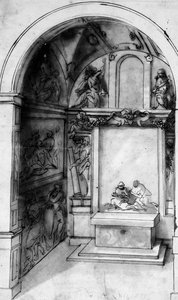 Diseño para una capilla decorada con frescos y un altar con una Lamentación, la Anunciación arriba de Jacopo (attr. to) Zucchi