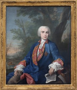 El soprano castrato Carlo Broschi, llamado Farinelli (1705-1782). El cantante lleva la medalla de la orden de Calatrava, en la partitura que sostiene en su mano, algunos compases de la ópera Zenobia de Gaetano Latilia.