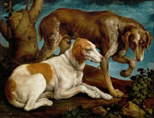 Dos perros de caza, atados a un tocón de Jacopo Bassano