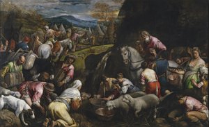 Moisés golpeando la roca para sacar agua de Jacopo Bassano il vecchio