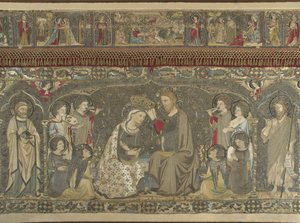 La coronación de la Virgen entre ocho ángeles y catorce santos bordado eclesiástico de Jacopo Cambi