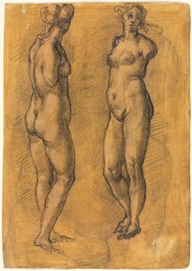 Copia de una estatua antigua de una mujer de pie dos vistas, sobre un boceto de un putto, 1570s de Jacopo Chimenti