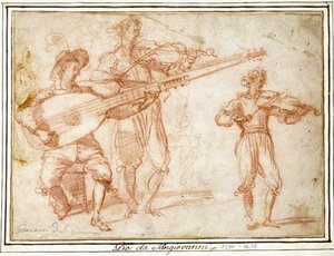 Dos músicos tocando un Chiatarrone y un violín, con un estudio subsidiario del segundo músico