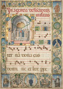 Hoja de un gradual: inicial (R) con misa por los difuntos (recto) de Jacopo Filippo d