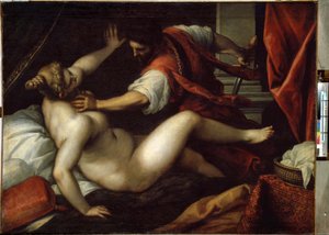 Tarquinio y Lucrecia. Sexto Tarquinio viola a Lucrecia, acontecimiento que habría provocado la caída de la monarquía y el inicio de la República en la Antigua Roma, en el año 509 a.C. Pintura de Jacopo Palma il Giovane (El joven de Jacopo Il Giovane Palma