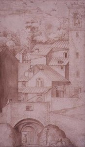 Vista del Monasterio de La Verna, Puerta de Entrada y Torre del Campanario, c.1607-12 (lápiz, tinta y lavado sobre papel) de Jacopo Ligozzi