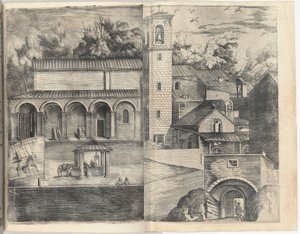 Vista del cuadrante: la puerta principal, la plaza, la iglesia y la logia del monasterio del Monte della Vernia de Jacopo Ligozzi
