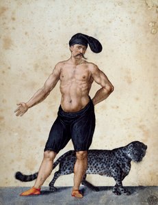 Joven africano de pie al frente, medio vestido con una larga berretta (gorro) en la cabeza, con un tigre detrás de él de Jacopo Ligozzi