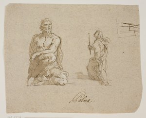 Hombre arrodillado, niña con una vela subiendo escaleras (la Virgen entrando al Templo), boceto en perspectiva para las escaleras de Jacopo Palma