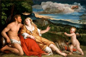 Marte, Venus y Cupido, 1520s de Jacopo Palma il Vecchio