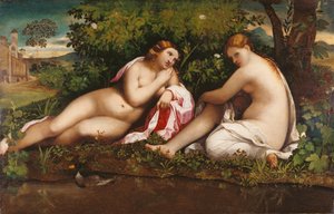 Dos ninfas en reposo Júpiter y Calisto, c. 1520 de Jacopo Palma il Vecchio the Elder