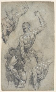 Estudios de "Sansón y los filisteos" de Miguel Ángel, c.1575-85 (tiza, carboncillo, gouache, papel) de Jacopo Robusti (workshop of) Tintoretto