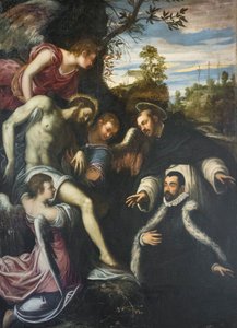Cristo muerto sostenido por tres ángeles, santo Domingo y donante de Jacopo Robusti Tintoretto