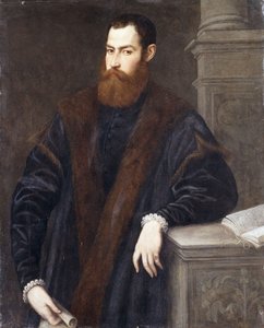 Retrato de un caballero, tres cuartos de longitud, con un abrigo con ribete de piel, sosteniendo un documento y apoyado en un pedestal