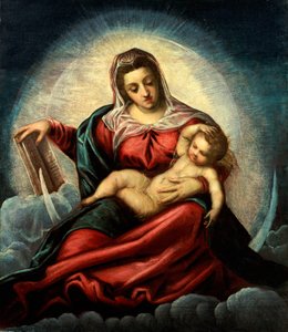 La Madonna y el Niño en una mandorla sobre una luna creciente y nubes, con el libro de la sabiduría