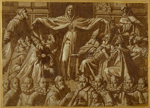 La Madonna della Misericordia con San Francisco y Santo Domingo, con otros santos y gobernantes y una familia de donantes de Jacopo Zucchi