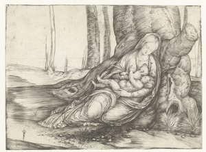 María con el niño al pecho se sienta frente al pie de un árbol de Jacopo de
