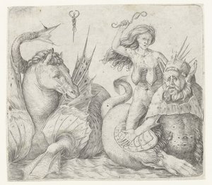 Anciana en la parte posterior del tritón junto al hipocampo Furia en la espalda de Triton de Jacopo de